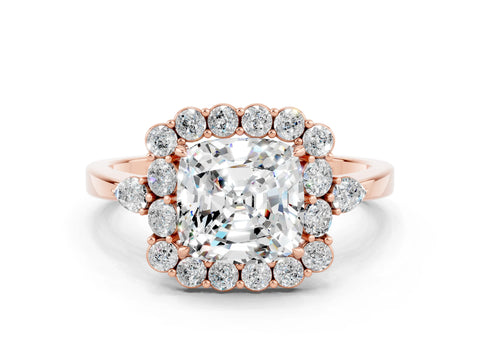 Rose gold Cushion Cut Moissanite Halo Ring with Pear Side Stones and Prong Setting_12