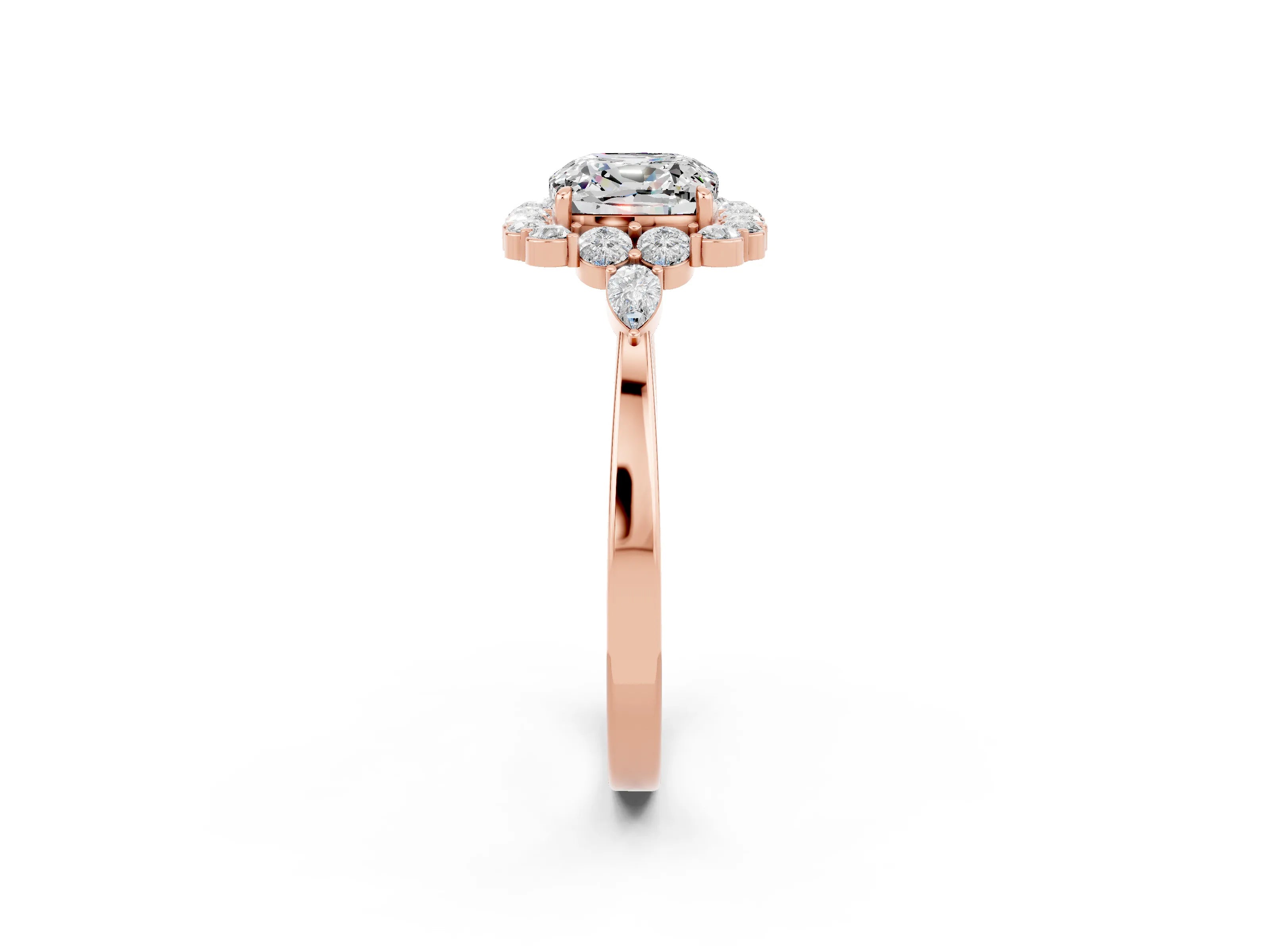 Rose gold Cushion Cut Moissanite Halo Ring with Pear Side Stones and Prong Setting_14