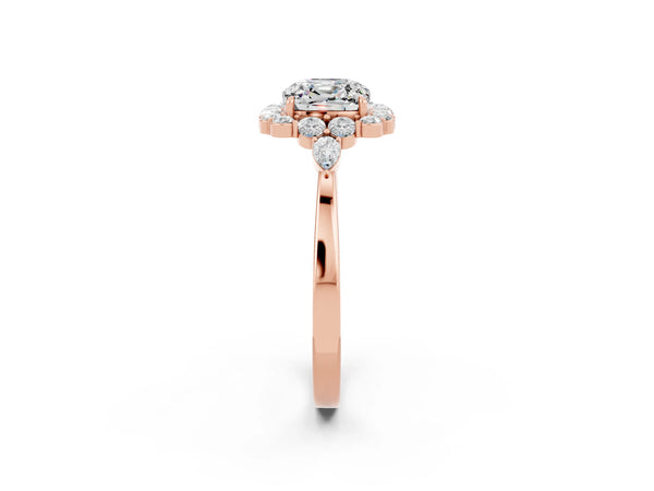 Rose gold Cushion Cut Moissanite Halo Ring with Pear Side Stones and Prong Setting