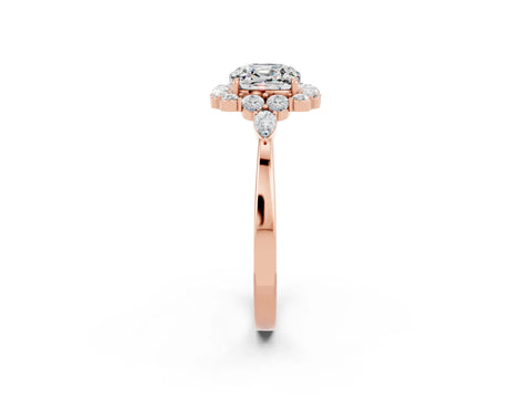 Rose gold Cushion Cut Moissanite Halo Ring with Pear Side Stones and Prong Setting_14