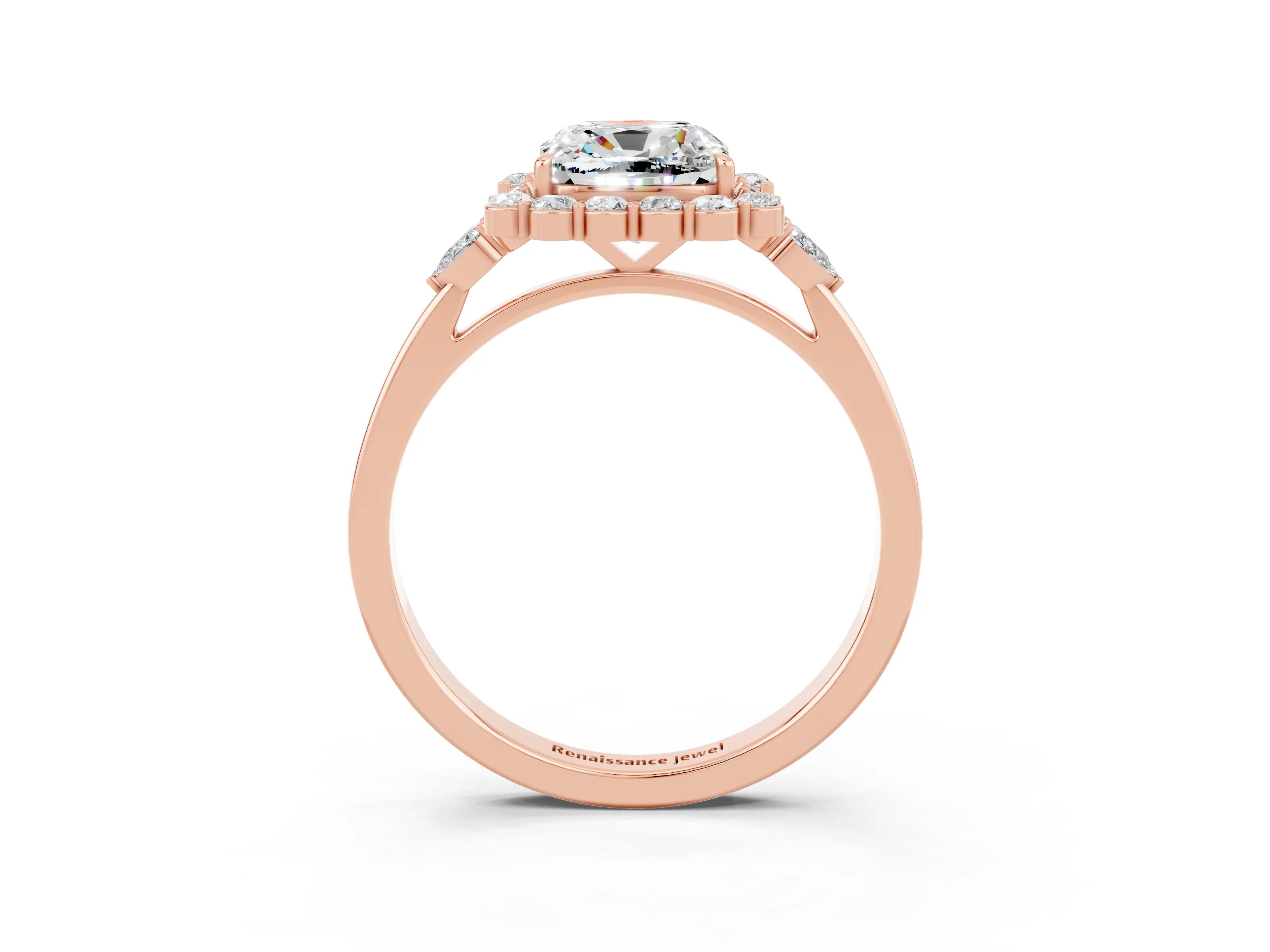 Rose gold Cushion Cut Moissanite Halo Ring with Pear Side Stones and Prong Setting_15