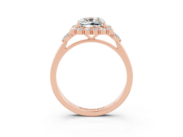 Rose gold Cushion Cut Moissanite Halo Ring with Pear Side Stones and Prong Setting
