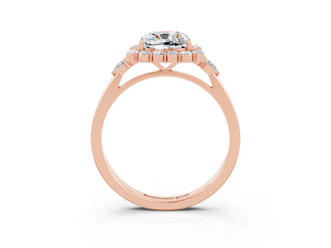 Rose gold Cushion Cut Moissanite Halo Ring with Pear Side Stones and Prong Setting_15