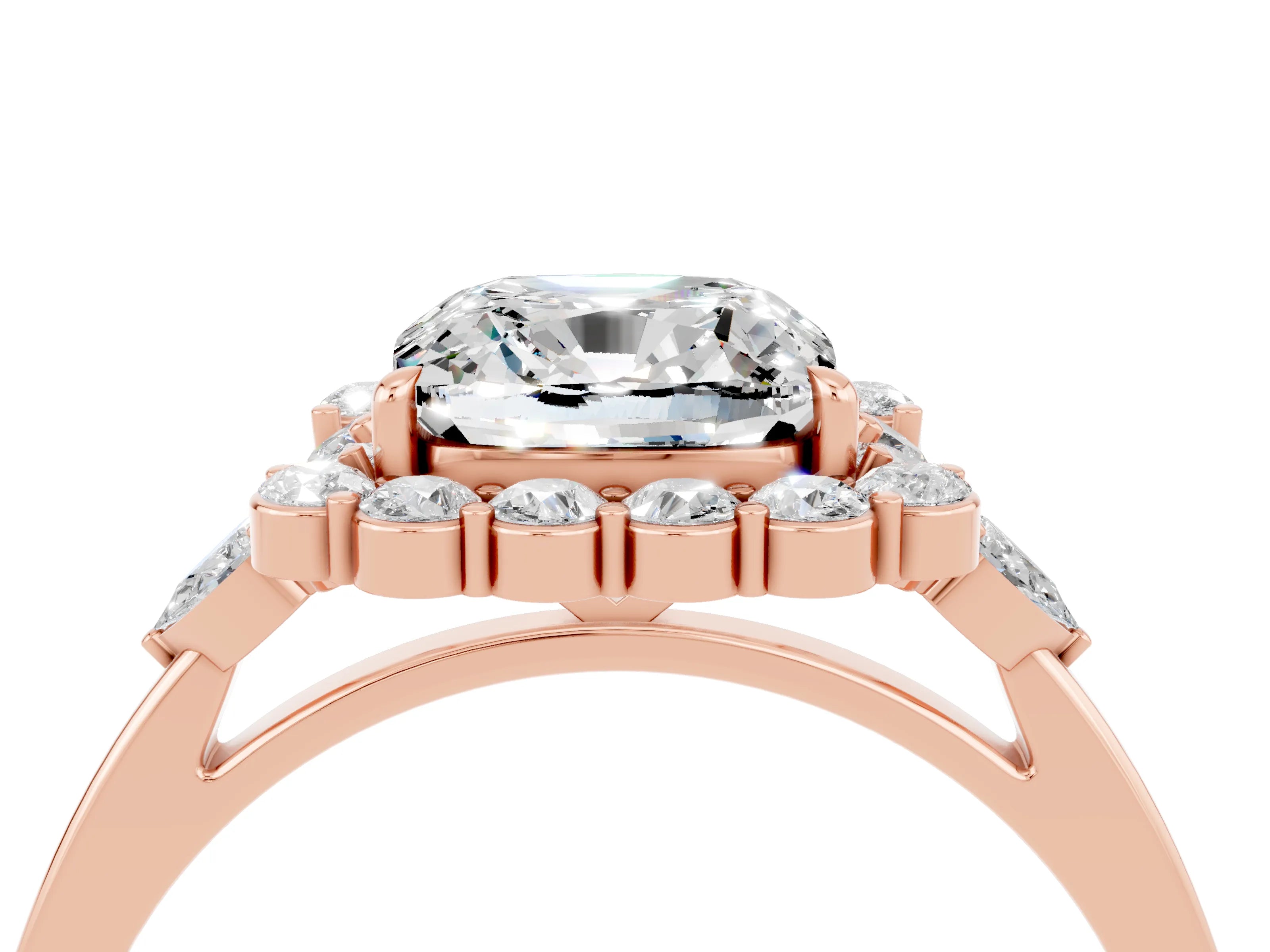 Rose gold Cushion Cut Moissanite Halo Ring with Pear Side Stones and Prong Setting_16