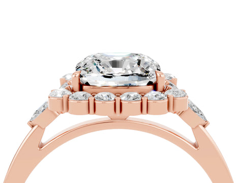 Rose gold Cushion Cut Moissanite Halo Ring with Pear Side Stones and Prong Setting_16