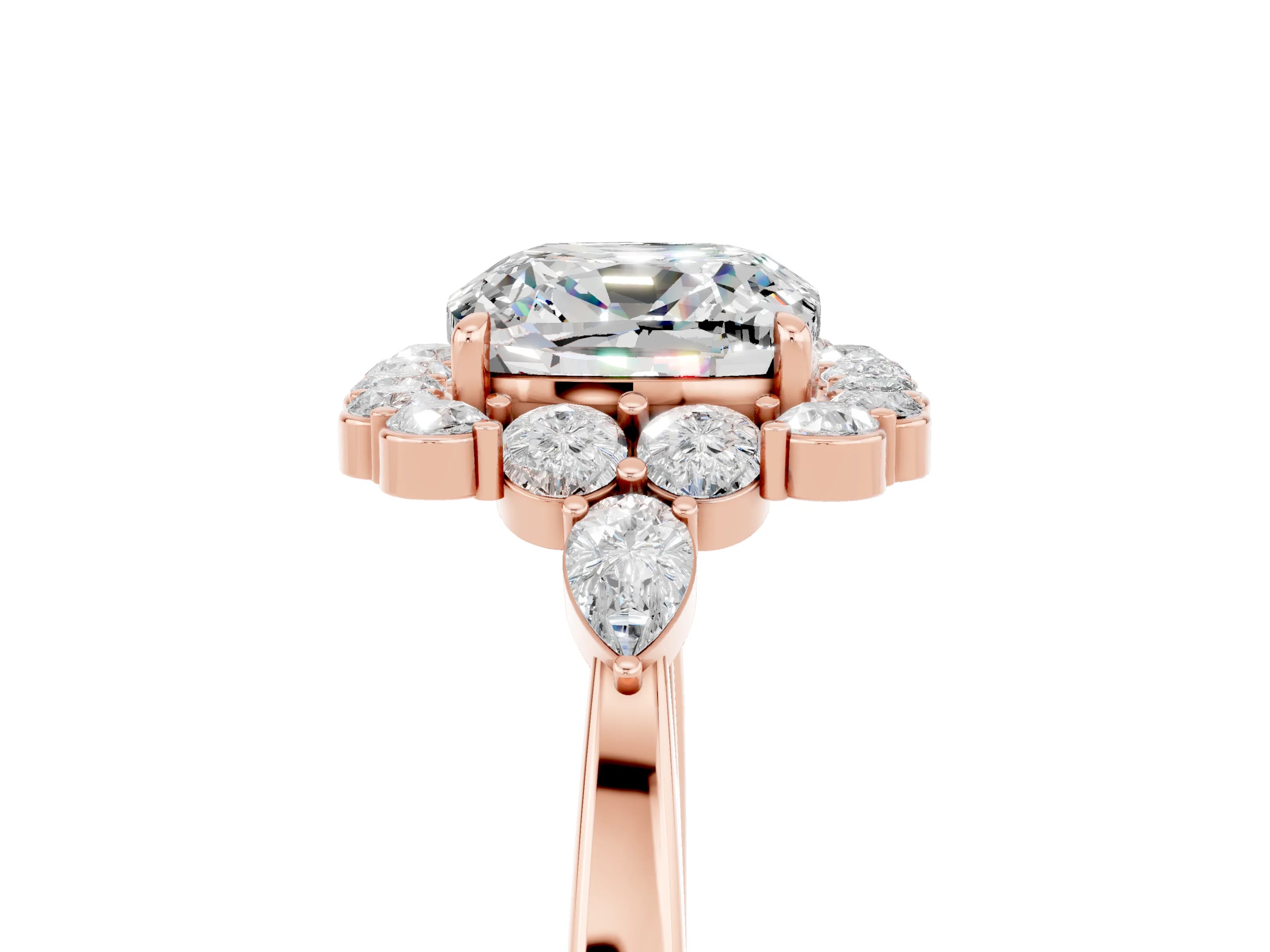 Rose gold Cushion Cut Moissanite Halo Ring with Pear Side Stones and Prong Setting_17