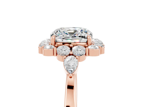 Rose gold Cushion Cut Moissanite Halo Ring with Pear Side Stones and Prong Setting_17