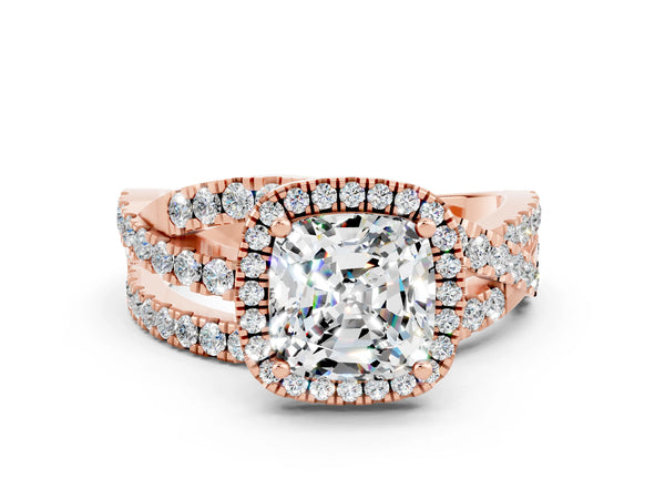 Rose gold Cushion Cut Moissanite Halo Ring with Round Split Shank and Prong Setting