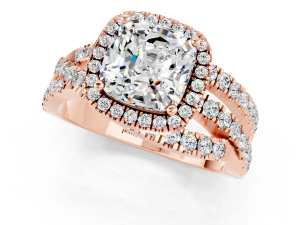 Rose gold Cushion Cut Moissanite Halo Ring with Round Split Shank and Prong Setting