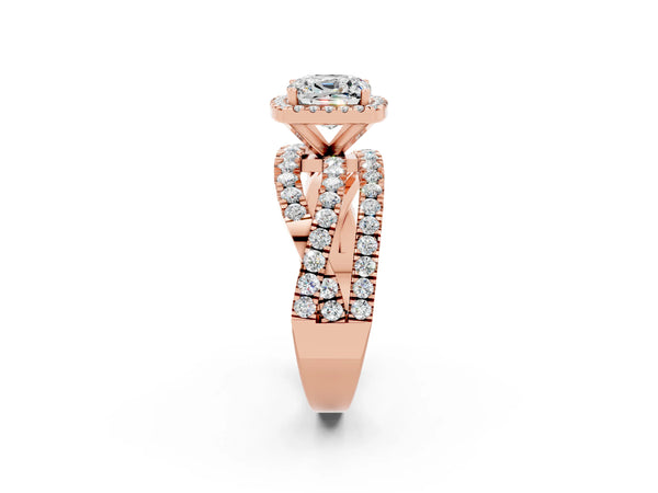 Rose gold Cushion Cut Moissanite Halo Ring with Round Split Shank and Prong Setting