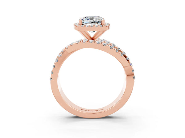 Rose gold Cushion Cut Moissanite Halo Ring with Round Split Shank and Prong Setting