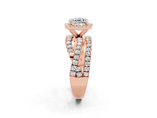 Rose gold Cushion Cut Moissanite Halo Ring with Round Split Shank and Prong Setting