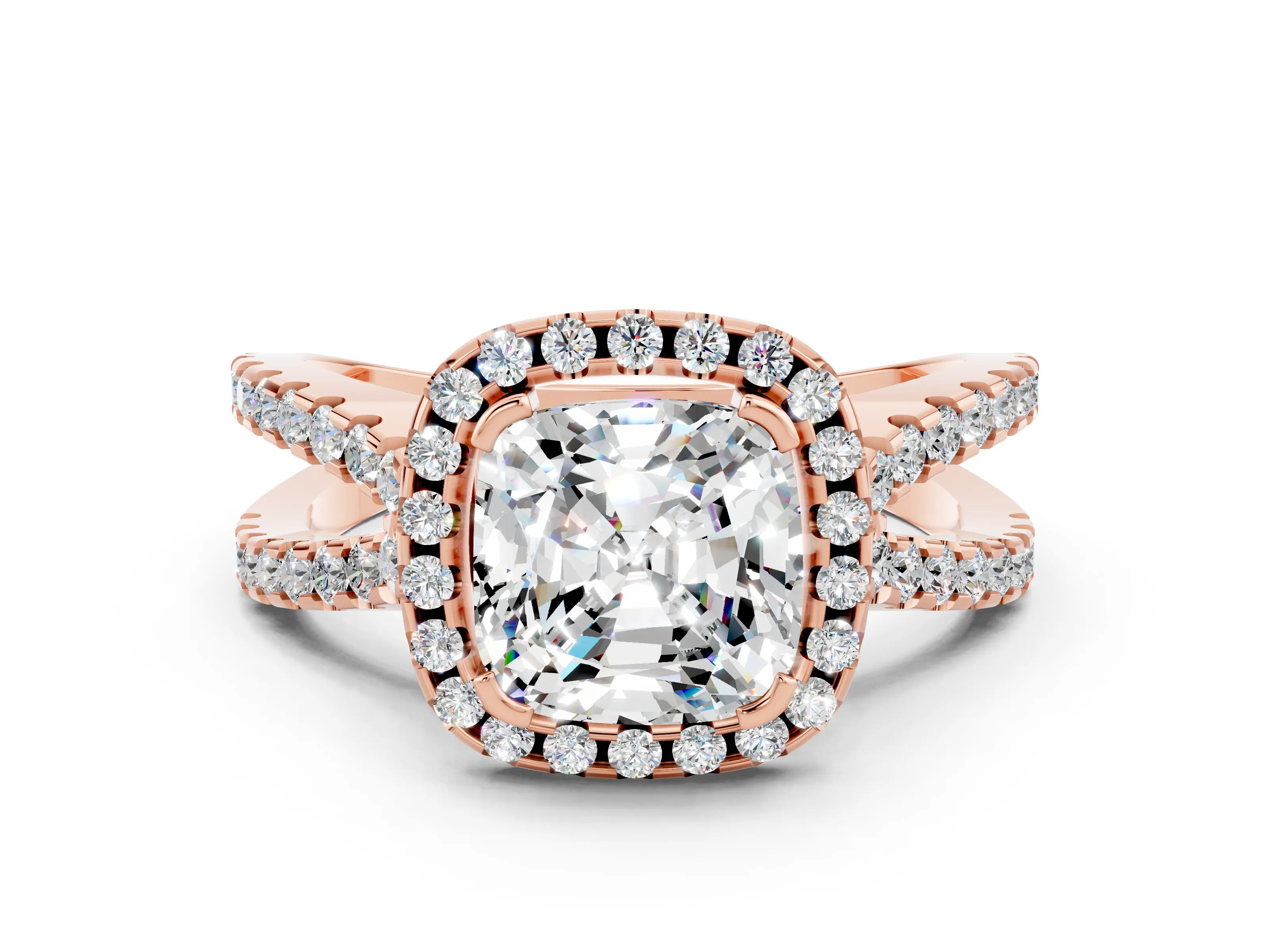 Rose gold Cushion Cut Moissanite Halo Ring with Split Shank Pavé Band and Prong Setting