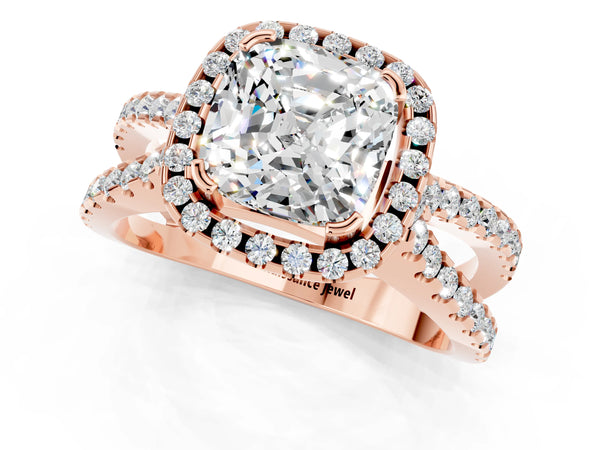 Rose gold Cushion Cut Moissanite Halo Ring with Split Shank Pavé Band and Prong Setting