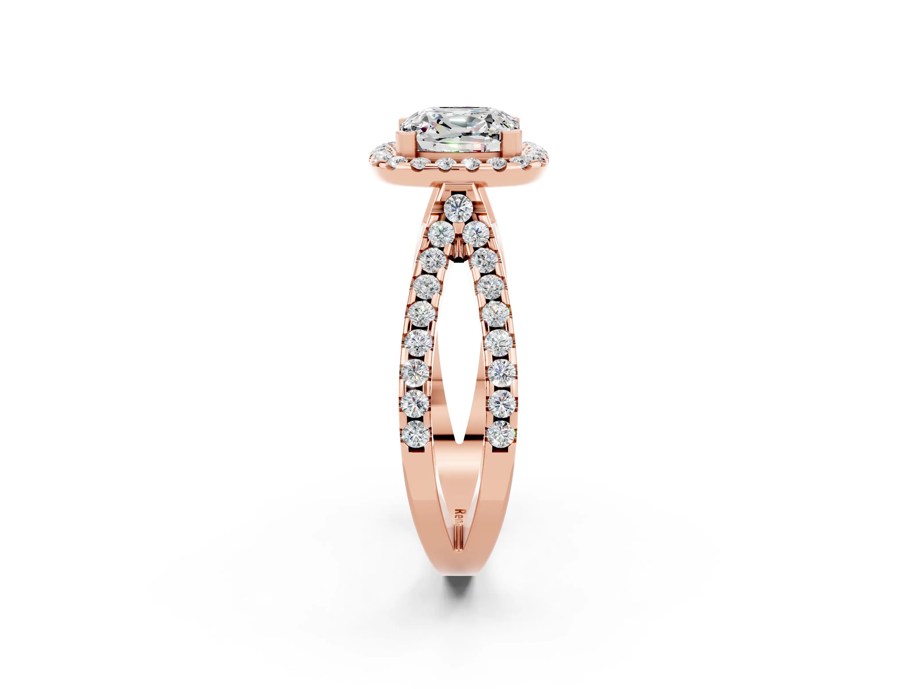 Rose gold Cushion Cut Moissanite Halo Ring with Split Shank Pavé Band and Prong Setting_2