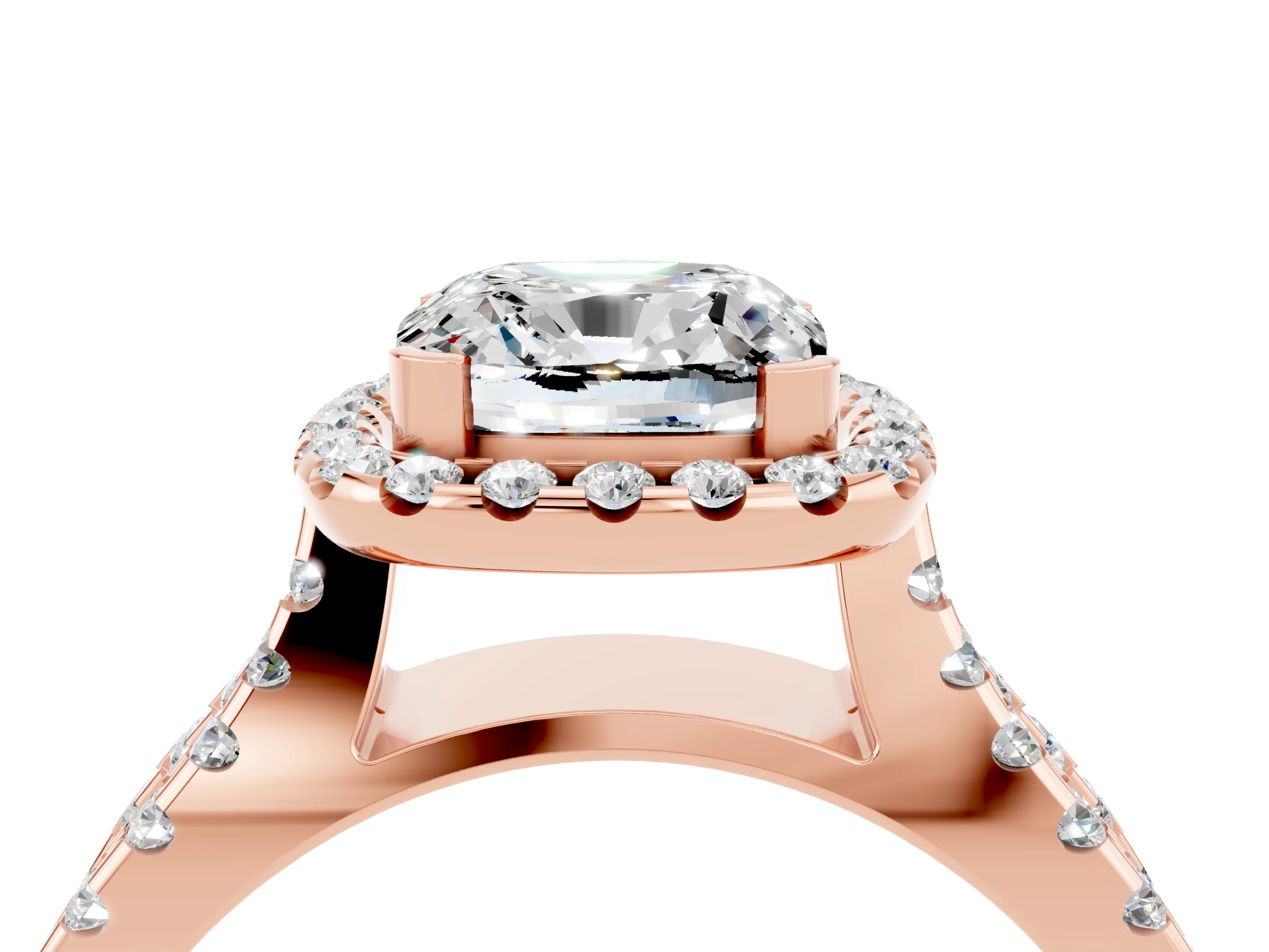 Rose gold Cushion Cut Moissanite Halo Ring with Split Shank Pavé Band and Prong Setting_4