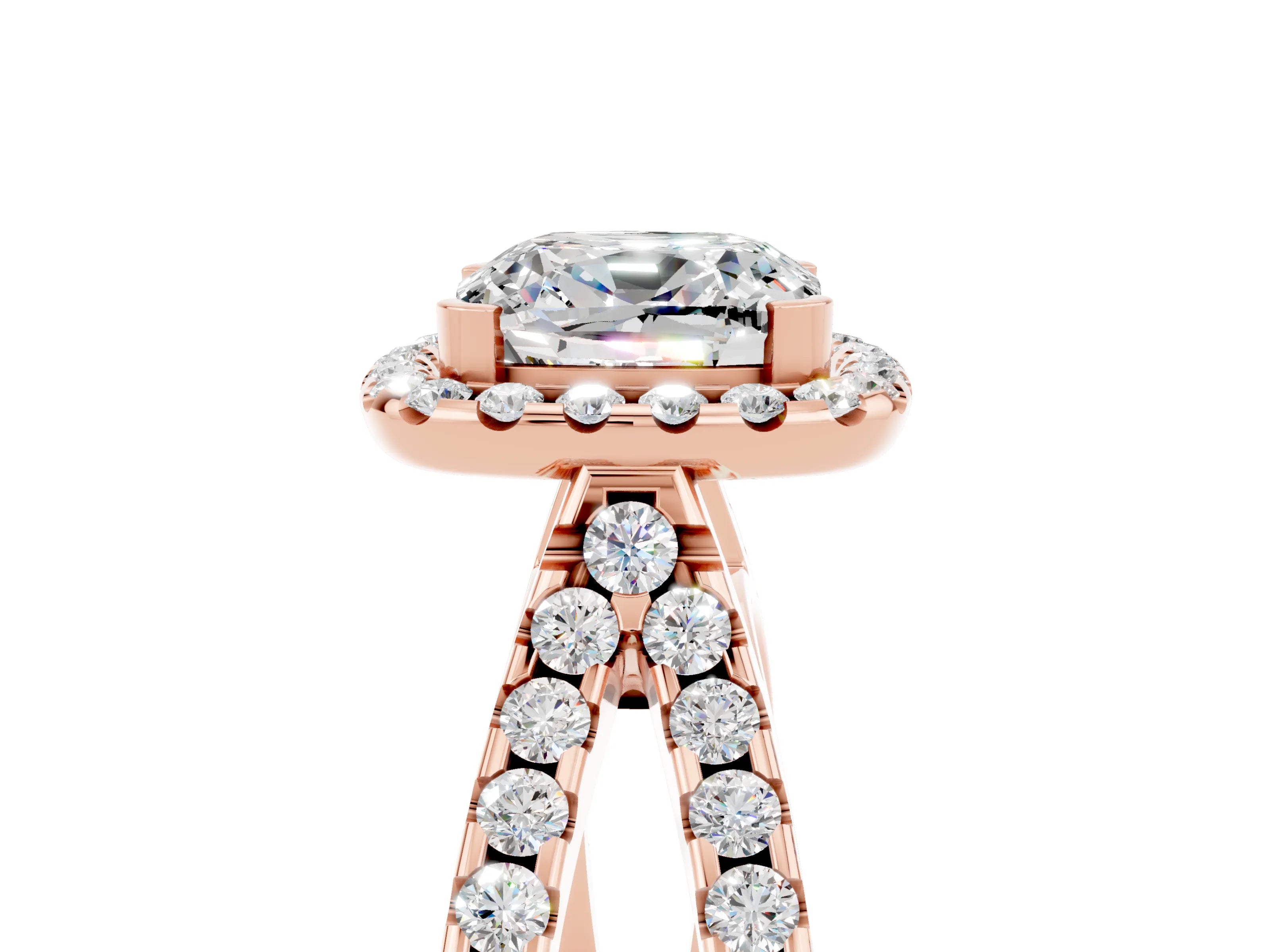 Rose gold Cushion Cut Moissanite Halo Ring with Split Shank Pavé Band and Prong Setting_5