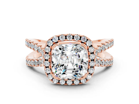 Rose gold Cushion Cut Moissanite Halo Ring with Split Shank Pavé Band and Prong Setting
