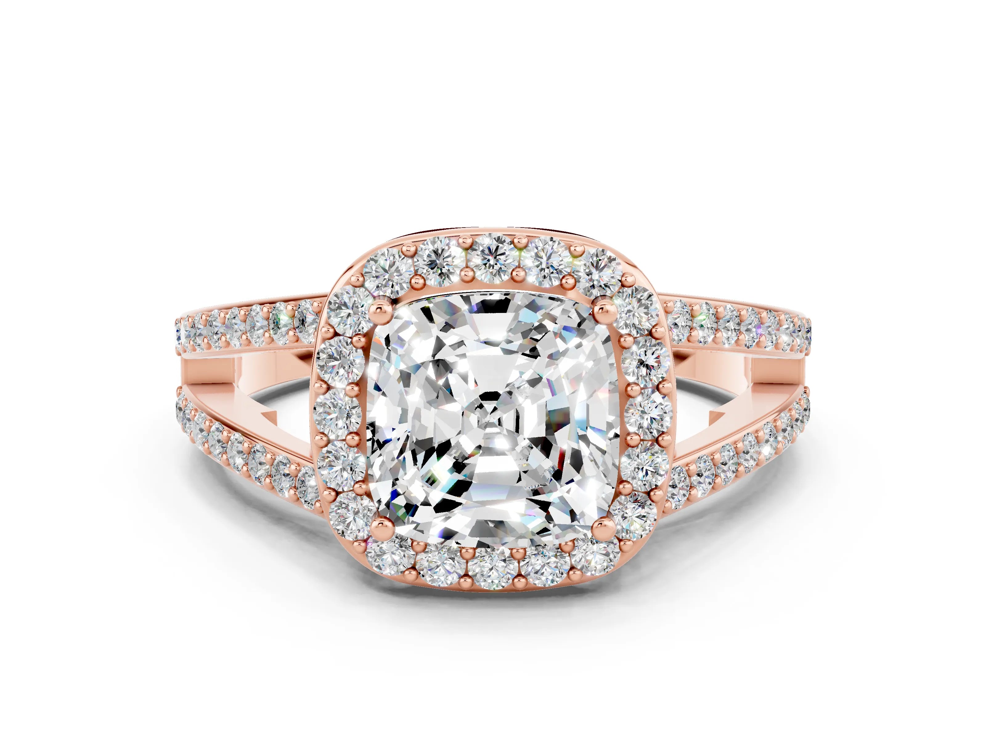Rose gold Cushion Cut Moissanite Halo Ring with Split Shank U-Prong Band and Four-Prong Setting