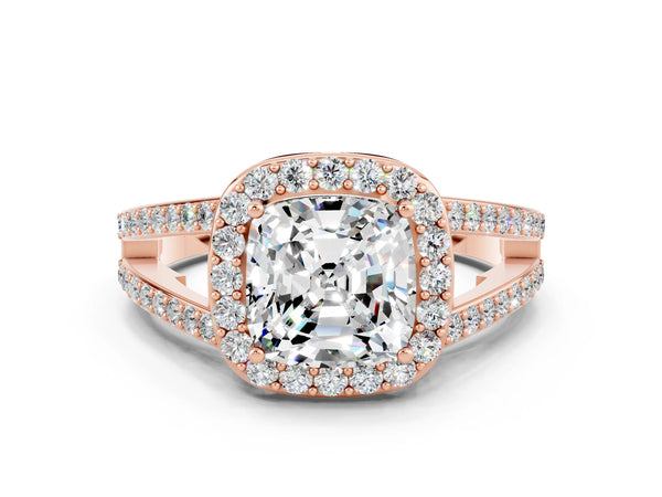 Rose gold Cushion Cut Moissanite Halo Ring with Split Shank U-Prong Band and Four-Prong Setting