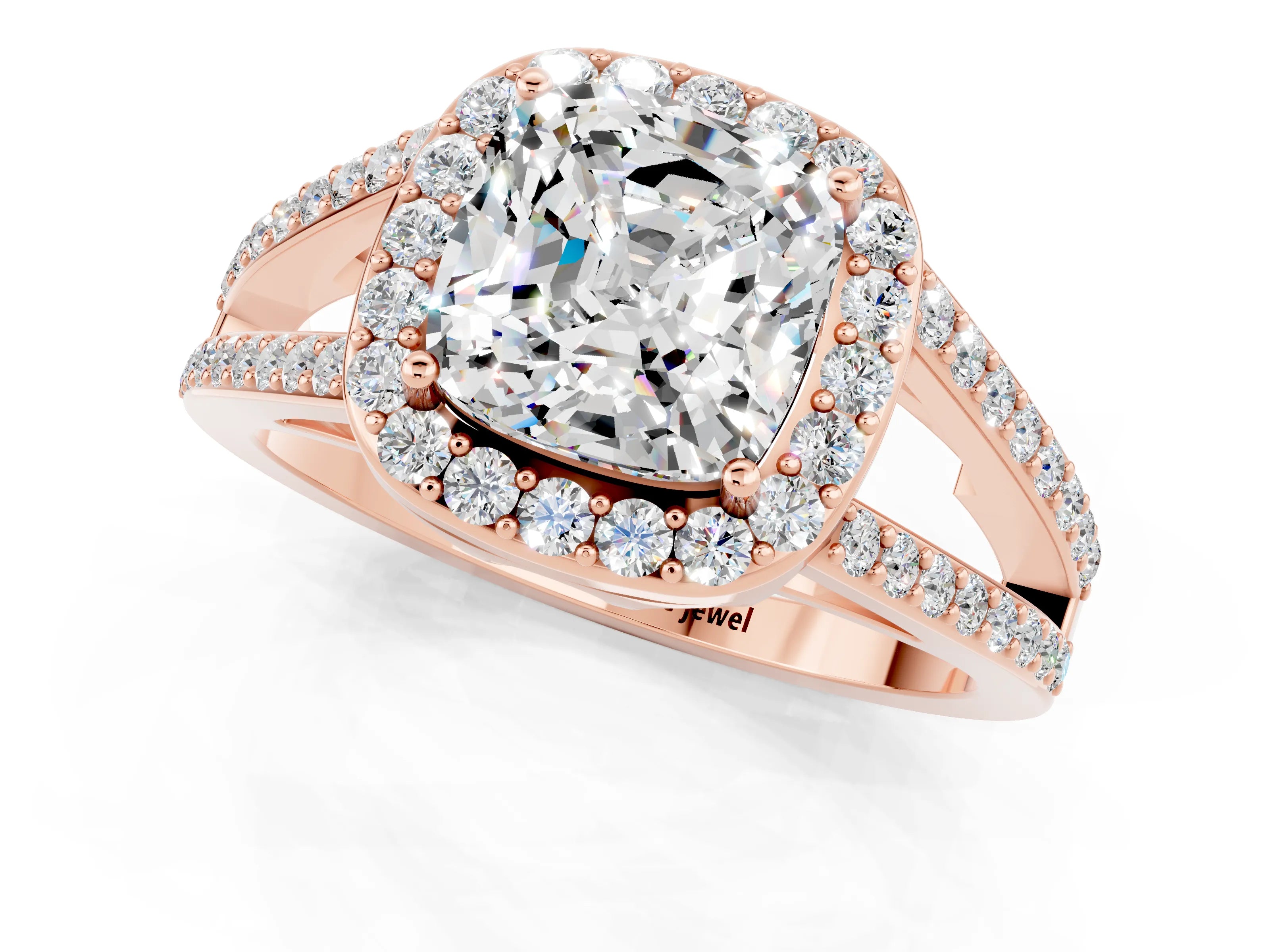 Rose gold Cushion Cut Moissanite Halo Ring with Split Shank U-Prong Band and Four-Prong Setting_1