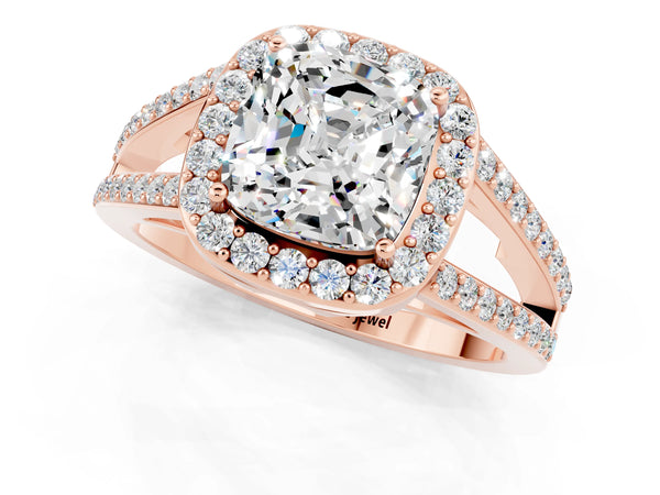 Rose gold Cushion Cut Moissanite Halo Ring with Split Shank U-Prong Band and Four-Prong Setting
