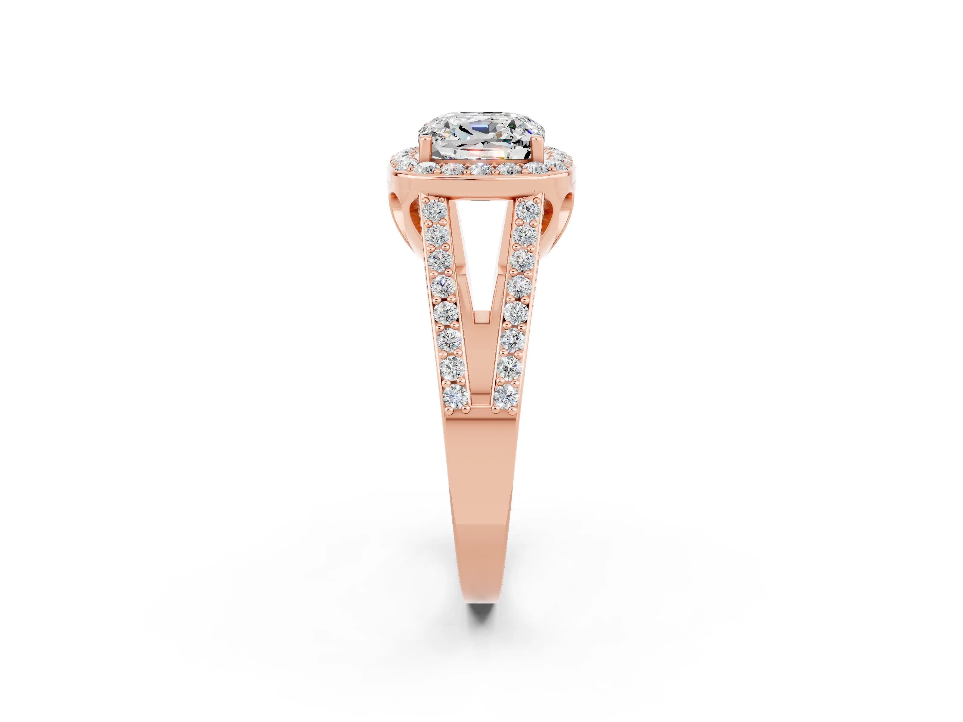 Rose gold Cushion Cut Moissanite Halo Ring with Split Shank U-Prong Band and Four-Prong Setting_2