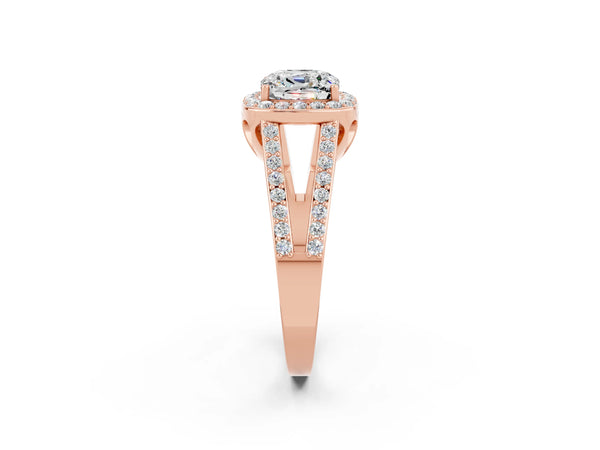 Rose gold Cushion Cut Moissanite Halo Ring with Split Shank U-Prong Band and Four-Prong Setting