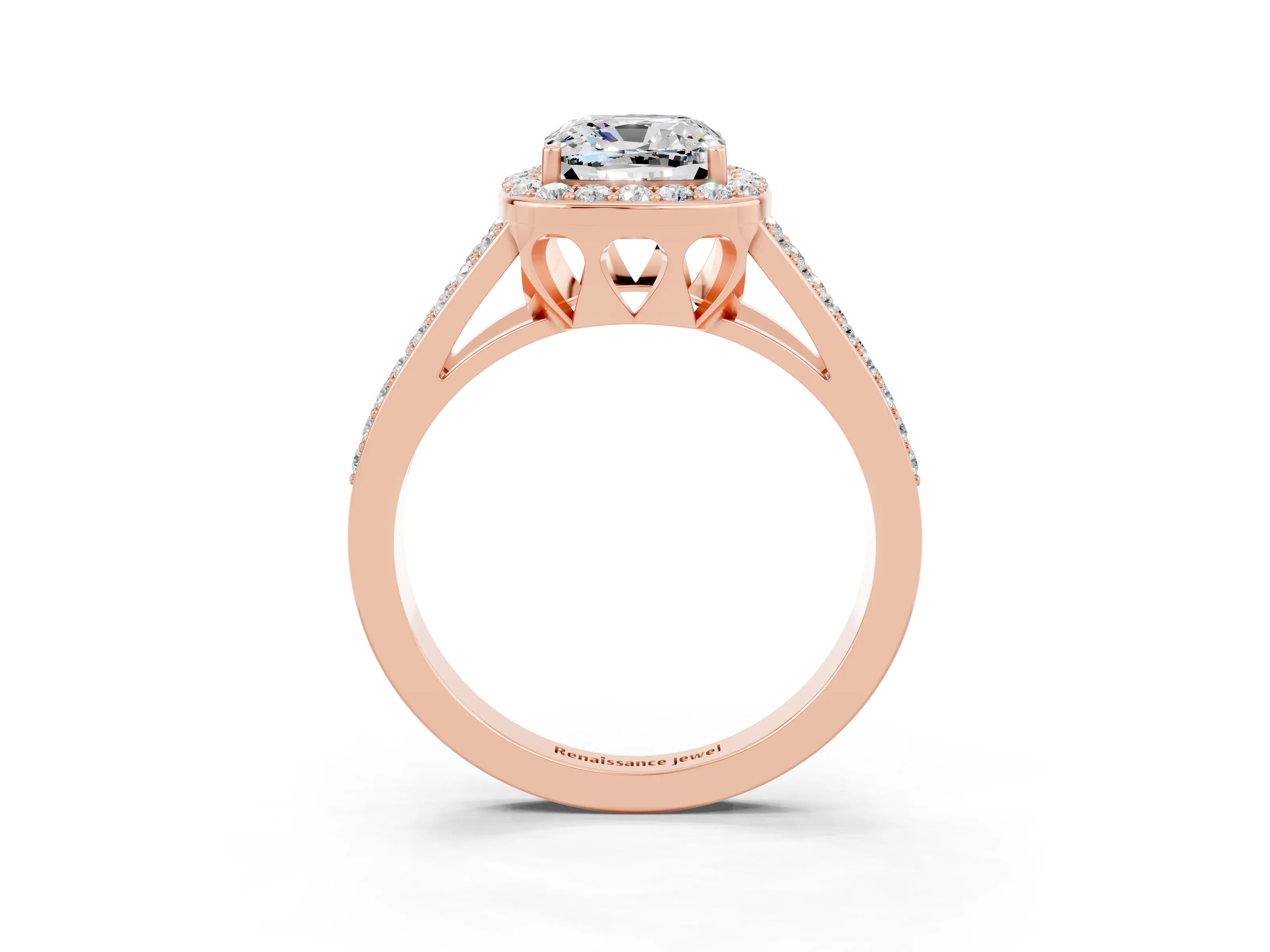 Rose gold Cushion Cut Moissanite Halo Ring with Split Shank U-Prong Band and Four-Prong Setting_3