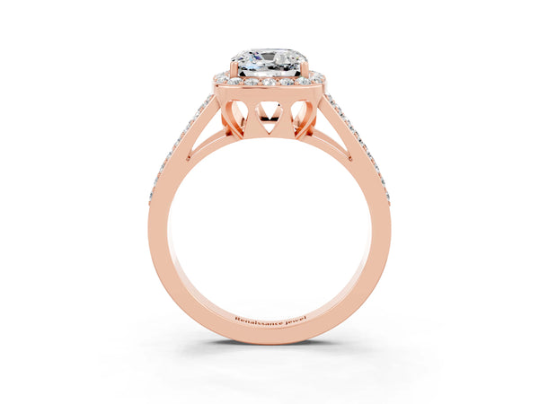 Rose gold Cushion Cut Moissanite Halo Ring with Split Shank U-Prong Band and Four-Prong Setting