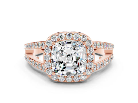 Rose gold Cushion Cut Moissanite Halo Ring with Split Shank U-Prong Band and Four-Prong Setting