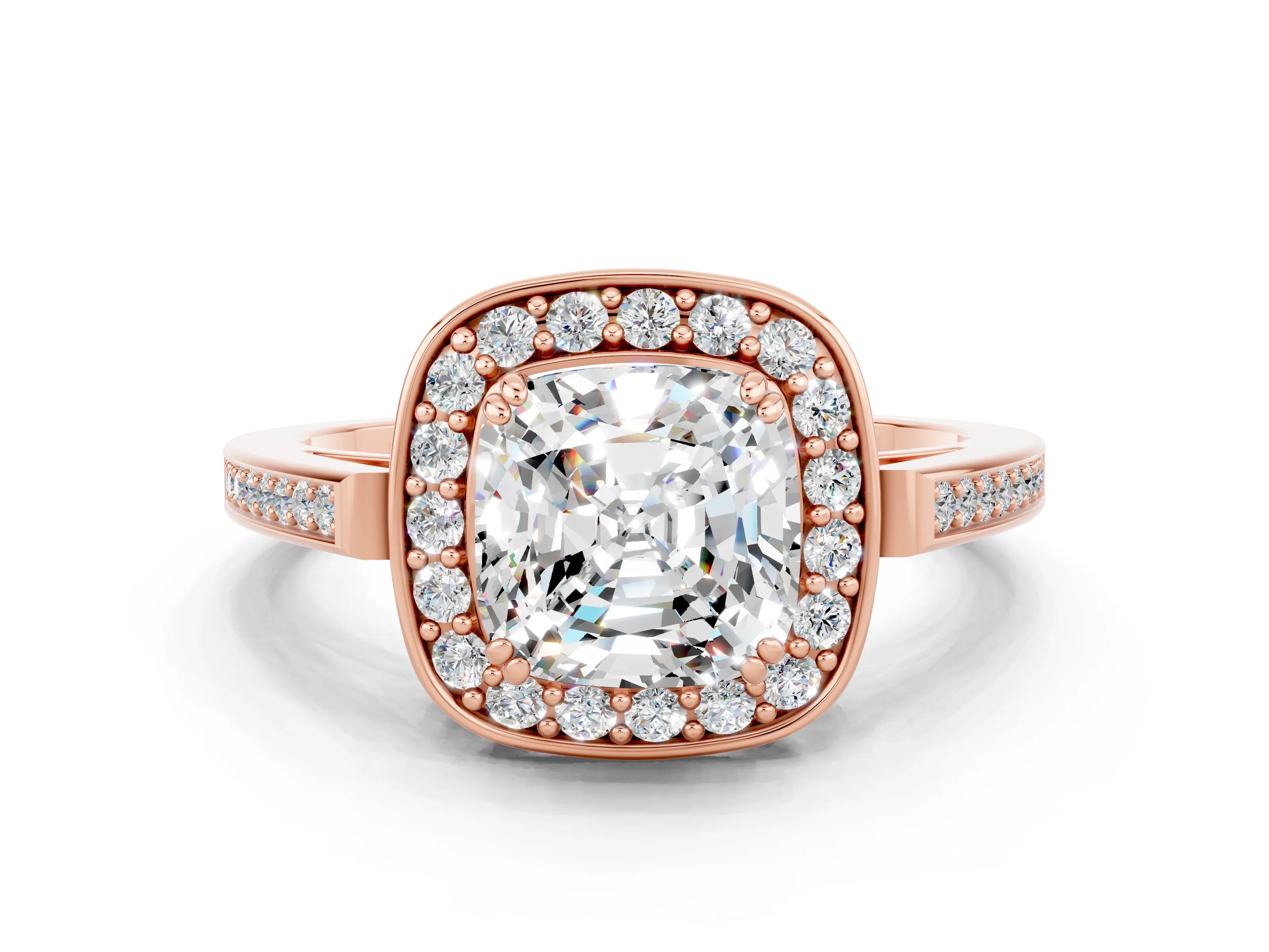 Rose gold Cushion Cut Moissanite Halo Ring with Split Shank and Four-Prong Setting_12