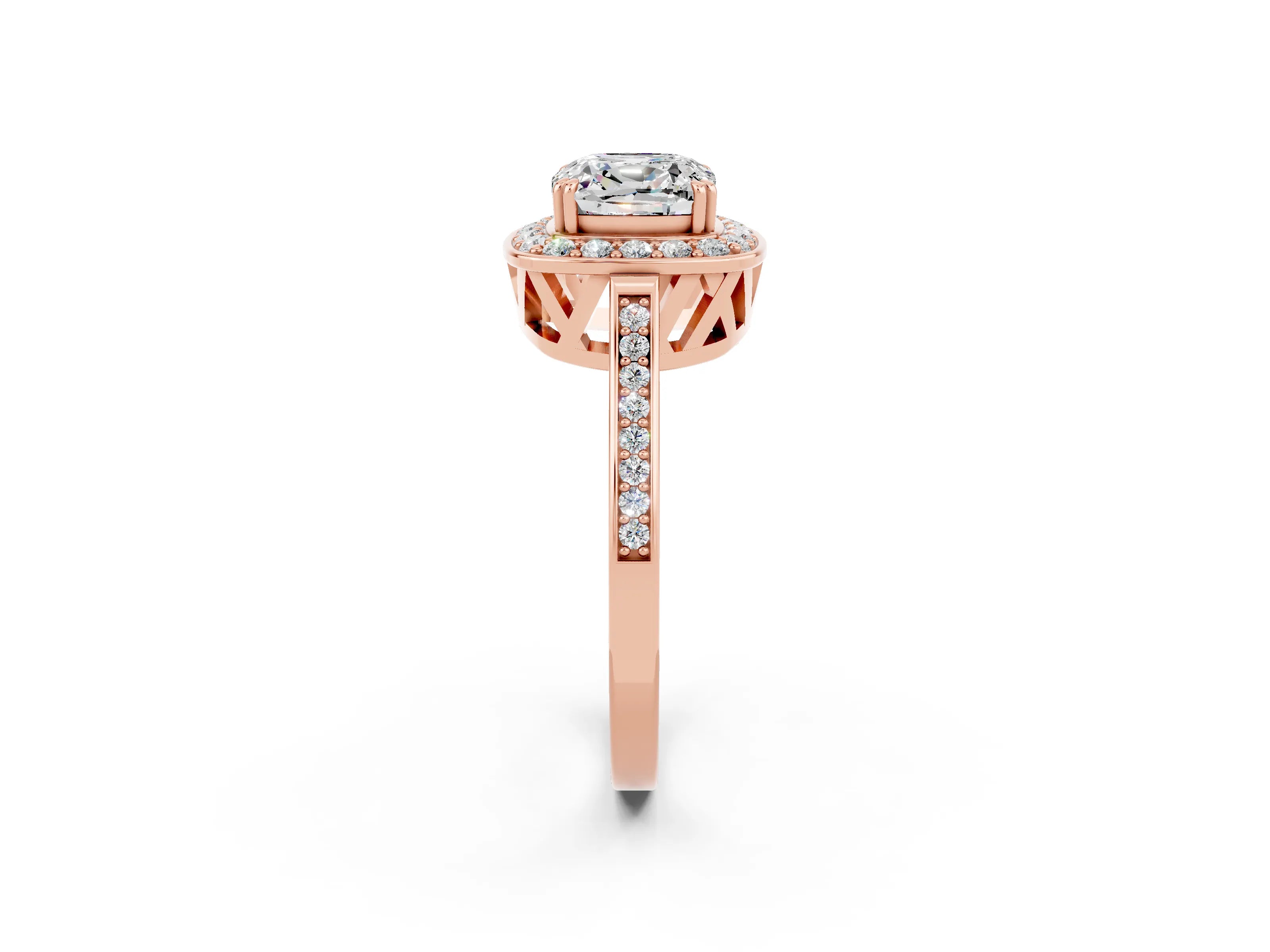 Rose gold Cushion Cut Moissanite Halo Ring with Split Shank and Four-Prong Setting_14