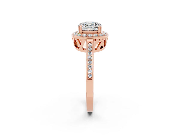 Rose gold Cushion Cut Moissanite Halo Ring with Split Shank and Four-Prong Setting