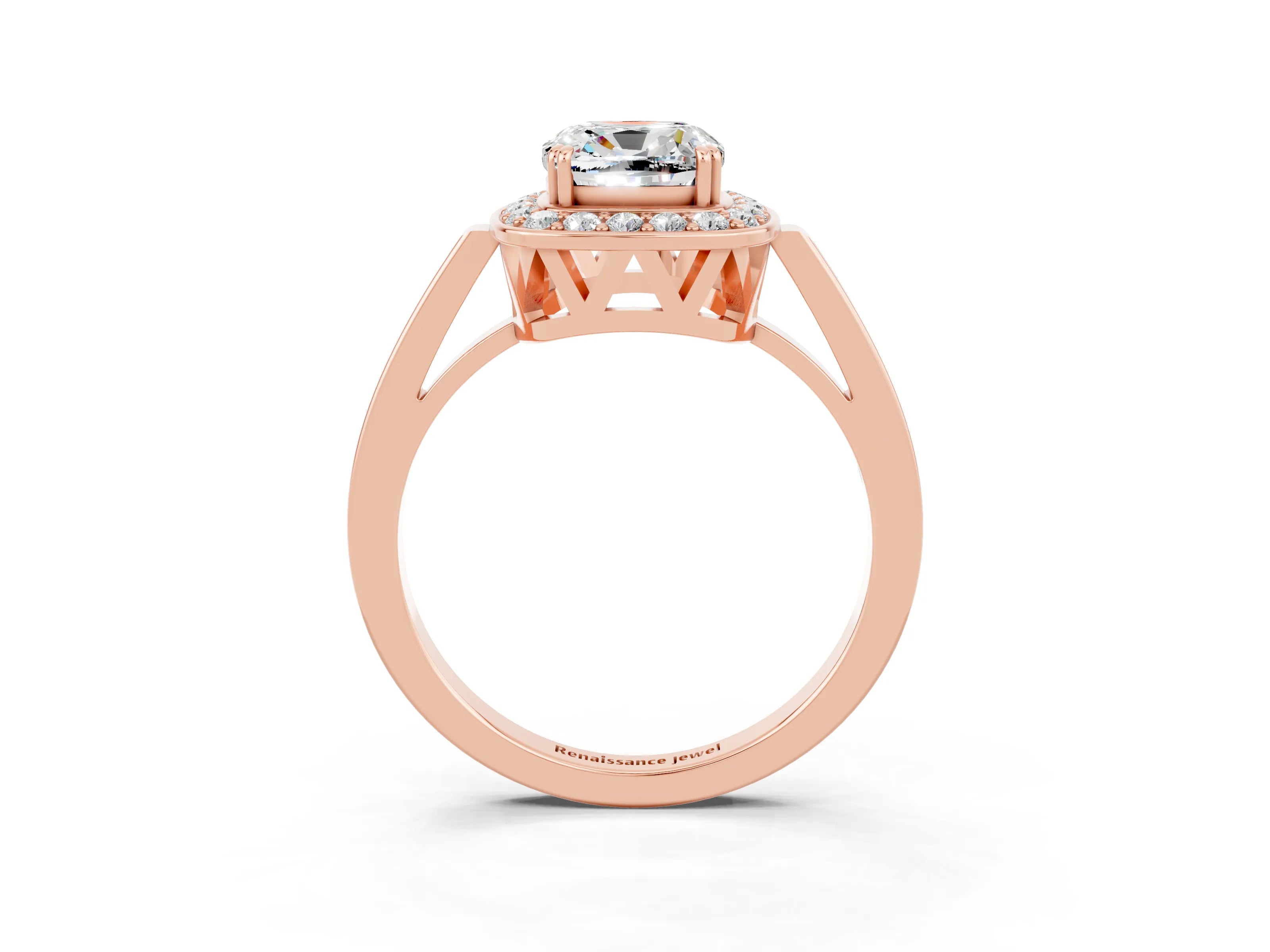 Rose gold Cushion Cut Moissanite Halo Ring with Split Shank and Four-Prong Setting_15