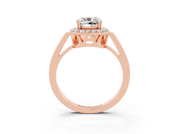 Rose gold Cushion Cut Moissanite Halo Ring with Split Shank and Four-Prong Setting