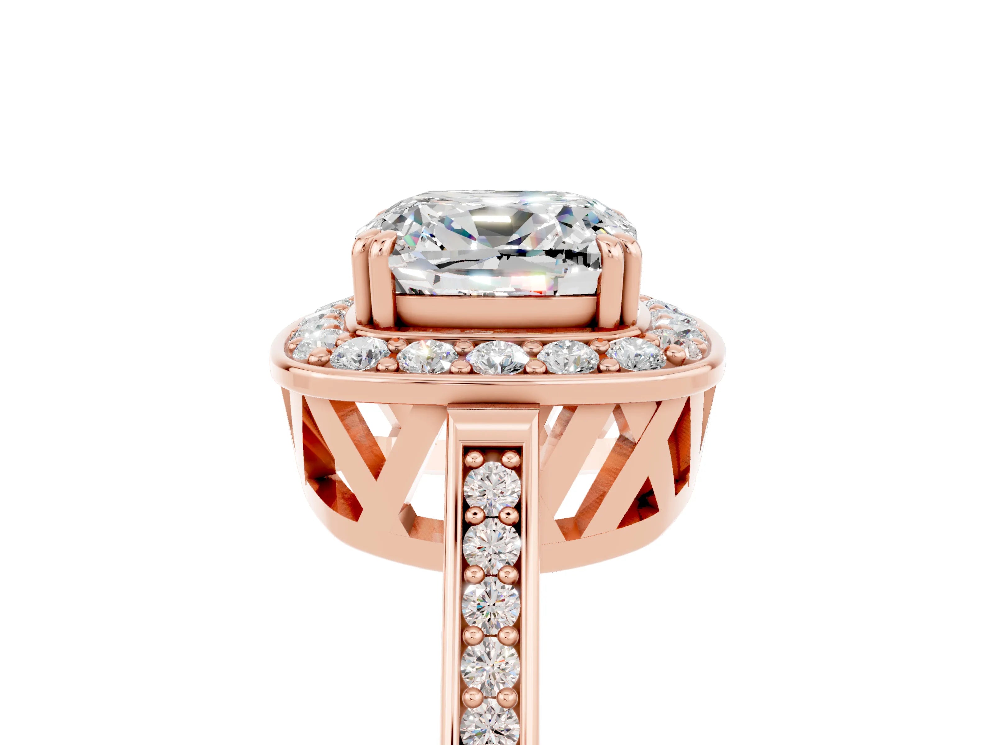 Rose gold Cushion Cut Moissanite Halo Ring with Split Shank and Four-Prong Setting_17