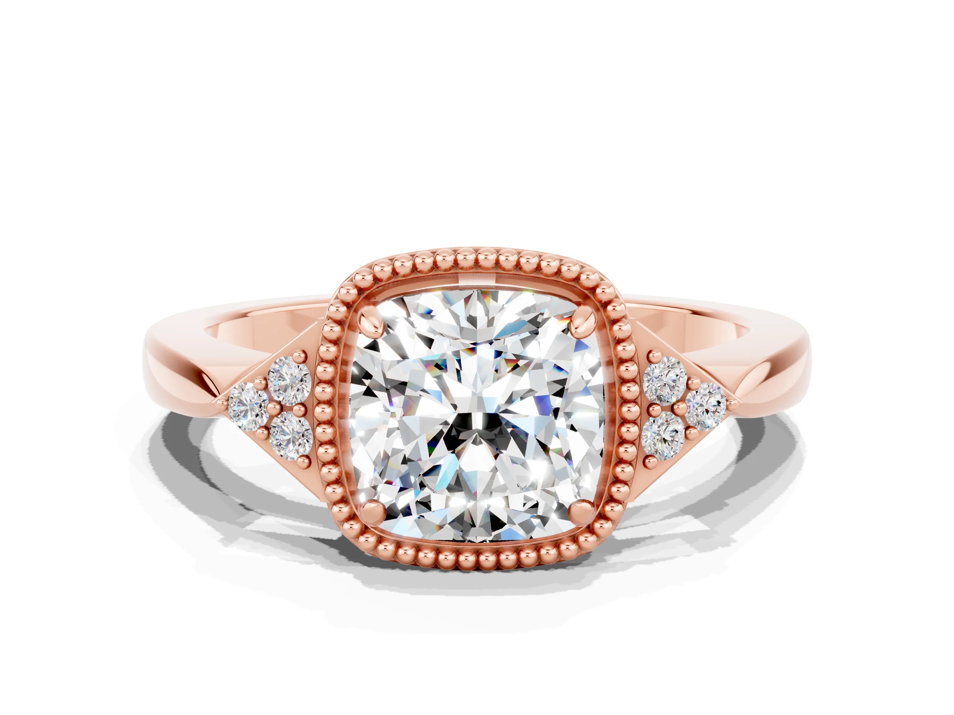 Rose gold Cushion Cut Moissanite Halo Ring with Tapered Band and Four-Prong Setting