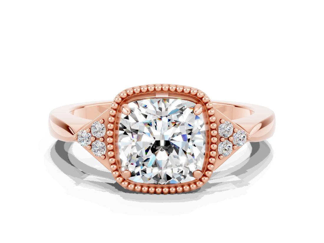 Rose gold Cushion Cut Moissanite Halo Ring with Tapered Band and Four-Prong Setting