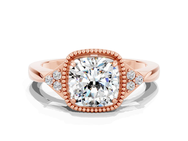 Rose gold Cushion Cut Moissanite Halo Ring with Tapered Band and Four-Prong Setting