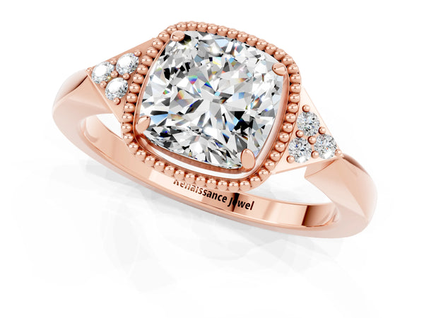 Rose gold Cushion Cut Moissanite Halo Ring with Tapered Band and Four-Prong Setting