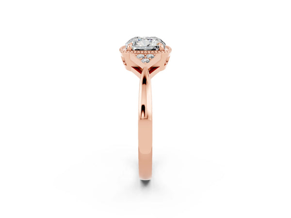 Rose gold Cushion Cut Moissanite Halo Ring with Tapered Band and Four-Prong Setting