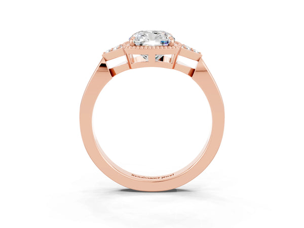 Rose gold Cushion Cut Moissanite Halo Ring with Tapered Band and Four-Prong Setting