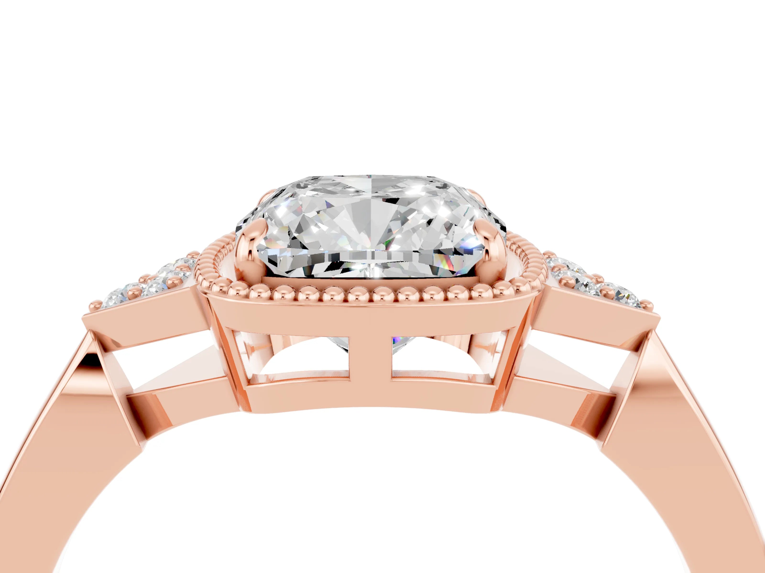 Rose gold Cushion Cut Moissanite Halo Ring with Tapered Band and Four-Prong Setting_4
