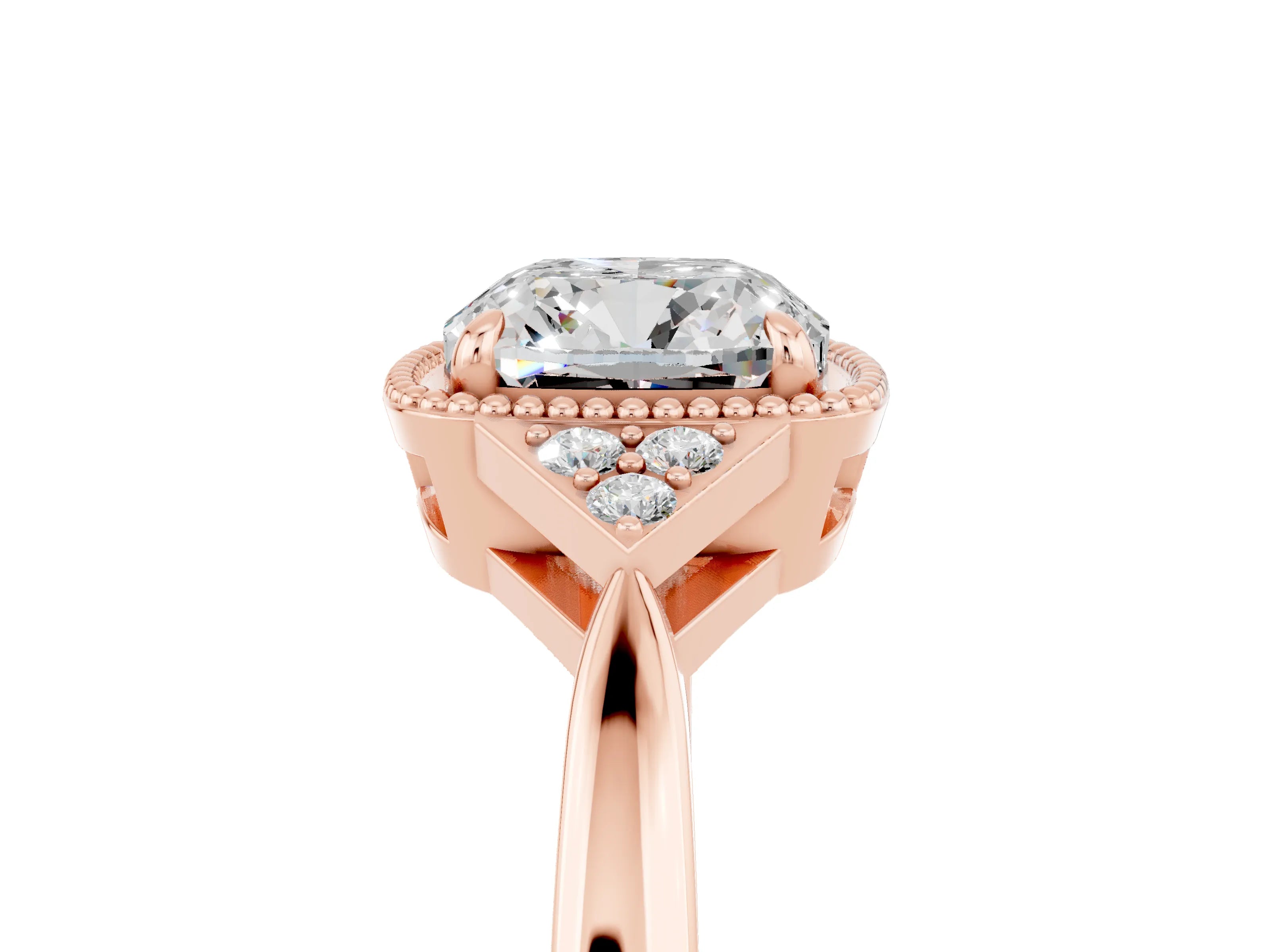 Rose gold Cushion Cut Moissanite Halo Ring with Tapered Band and Four-Prong Setting_5
