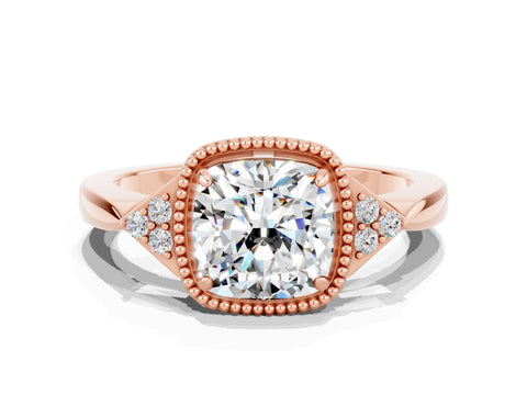 Rose gold Cushion Cut Moissanite Halo Ring with Tapered Band and Four-Prong Setting