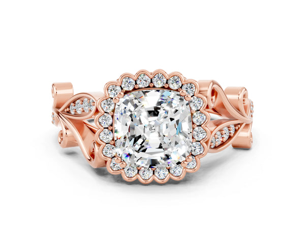 Rose gold Cushion Cut Moissanite Halo Ring with Vintage Split Shank and Four-Prong Setting
