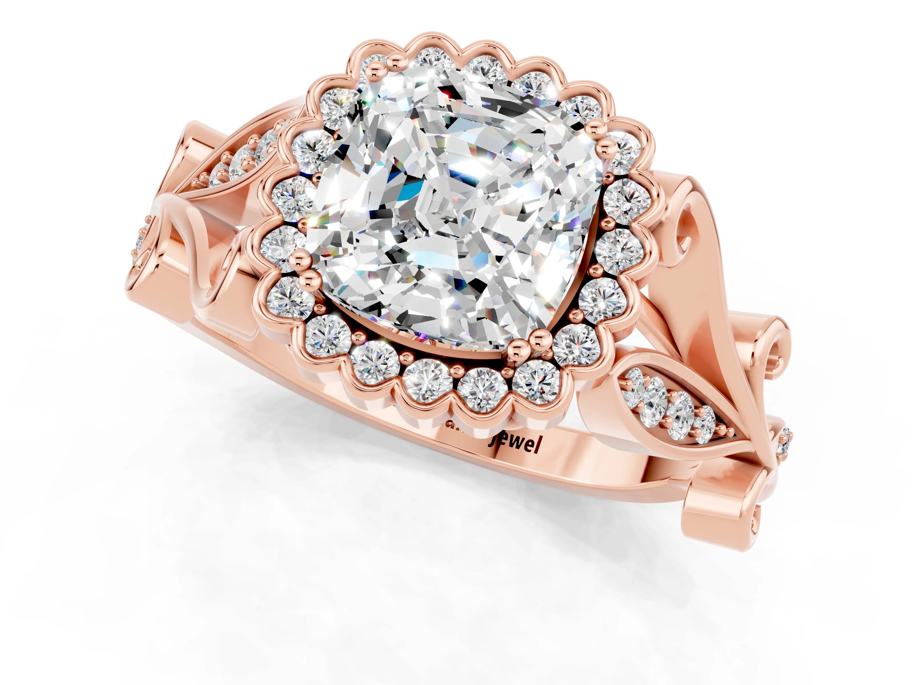 Rose gold Cushion Cut Moissanite Halo Ring with Vintage Split Shank and Four-Prong Setting_1