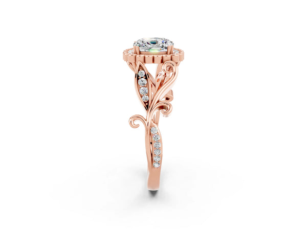 Rose gold Cushion Cut Moissanite Halo Ring with Vintage Split Shank and Four-Prong Setting