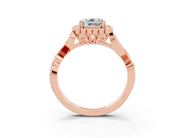 Rose gold Cushion Cut Moissanite Halo Ring with Vintage Split Shank and Four-Prong Setting